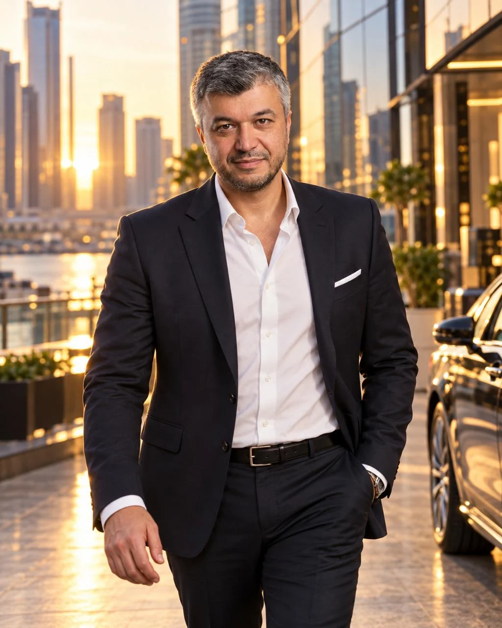 Bob Khodjaev walking along a waterfront at sunset