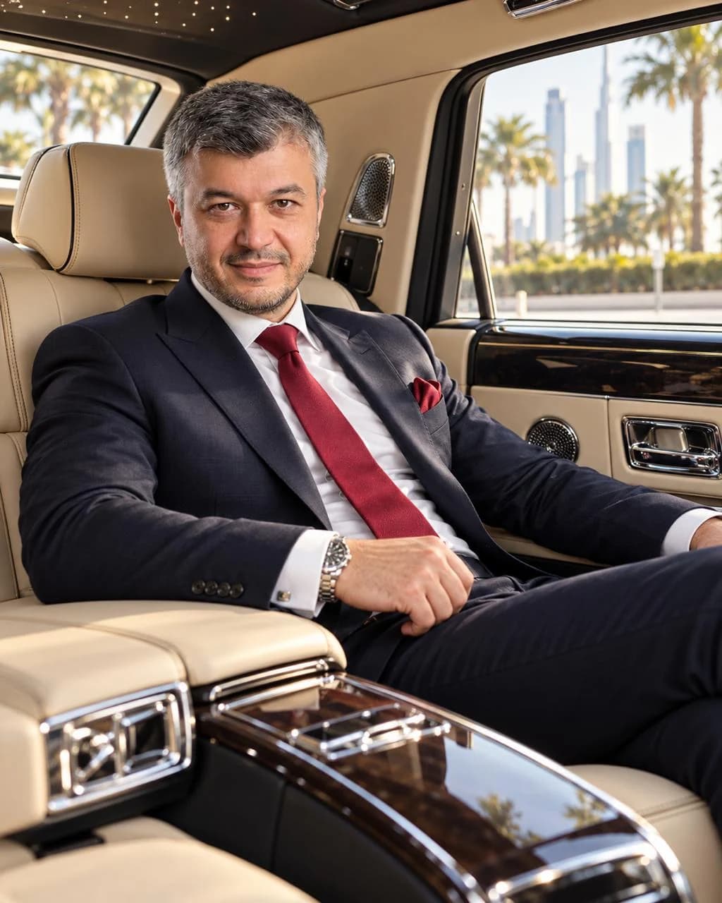Bob Khodjaev seated in the back of a luxury car