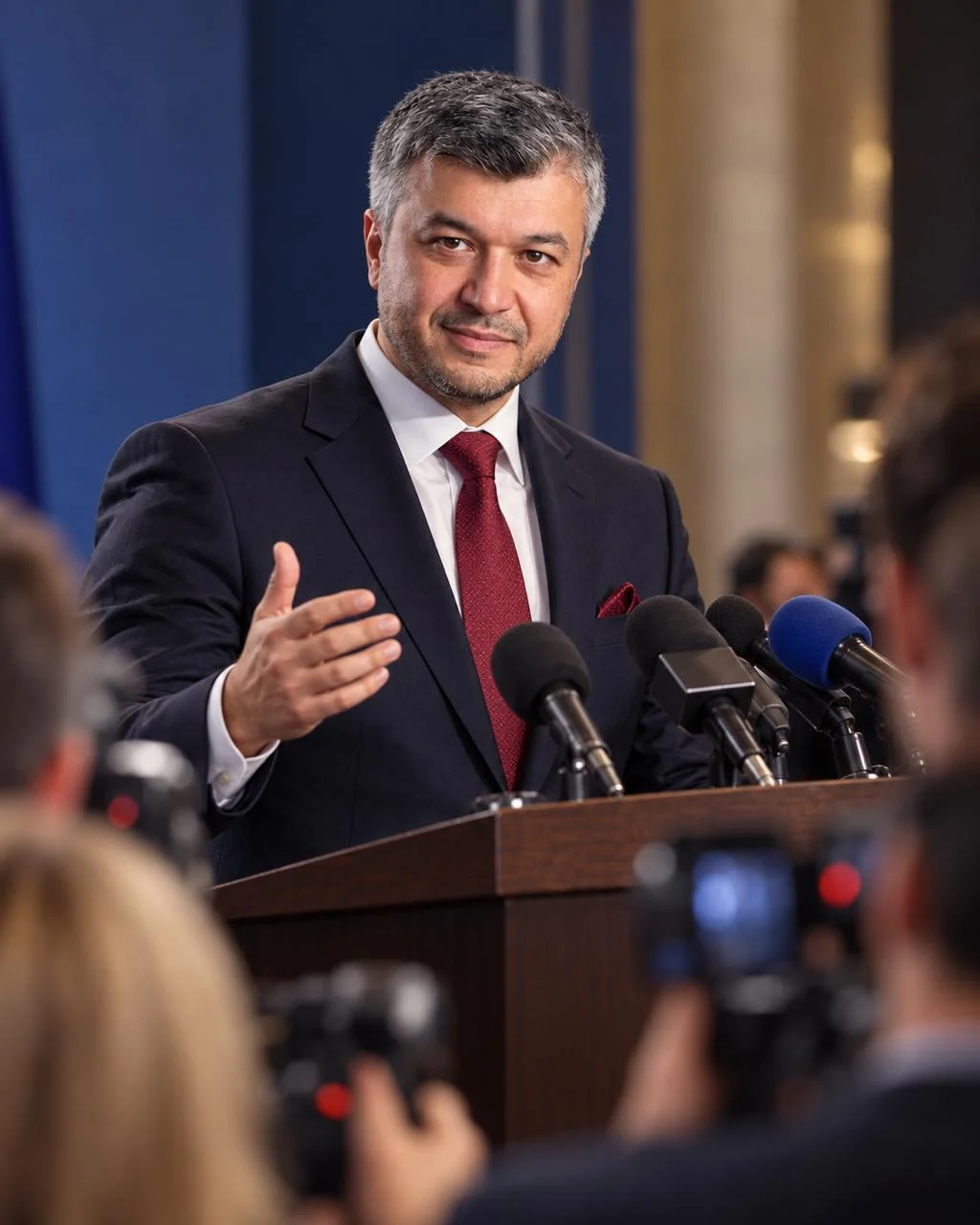 Bob Khodjaev speaking at a lectern with microphones
