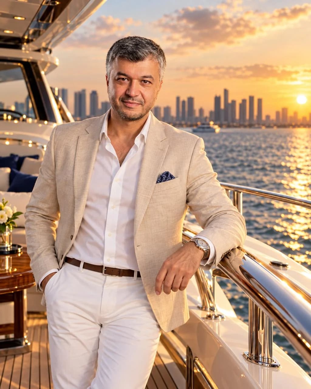 Bob Khodjaev on a yacht deck at sunset